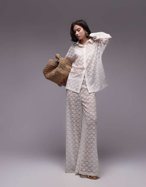 Topshop - Pantaloni dritti color écru in pizzo in coordinato