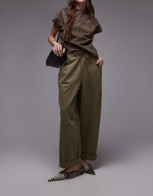 Topshop - Pantaloni dritti color kaki con coulisse