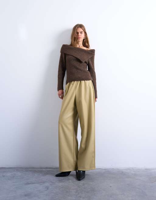 Topshop - Pantaloni dritti color tortora in pelle sintetica con coulisse