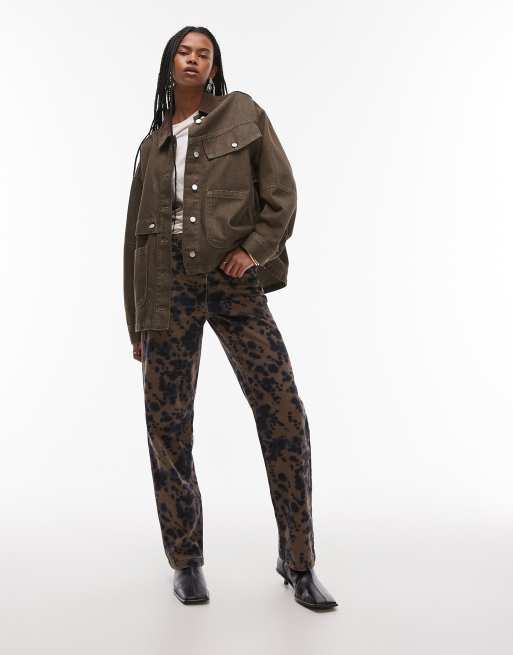 Topshop - Pantaloni dritti con stampa animalier multicolore 