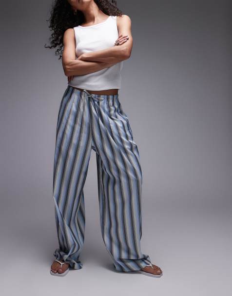 Topshop - Pantaloni dritti in popeline blu a righe allacciati in vita - view 1