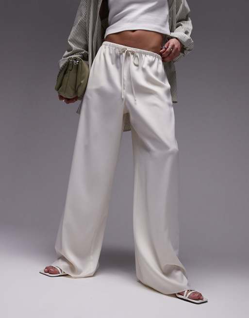 Topshop - Pantaloni dritti in raso color ostrica con coulisse