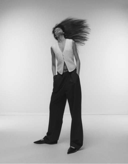 Topshop - Pantaloni dritti neri con fascia in vita in denim a contrasto