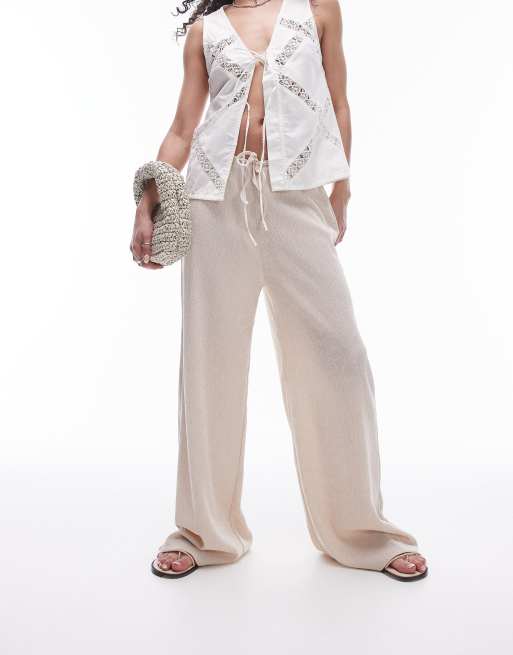 Topshop - Pantaloni dritti oversize stropicciati color pietra con coulisse