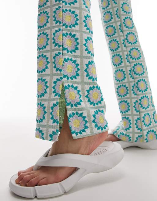 Topshop - Pantaloni dritti verde menta in jacquard floreale con spacchi laterali, 2 di 4