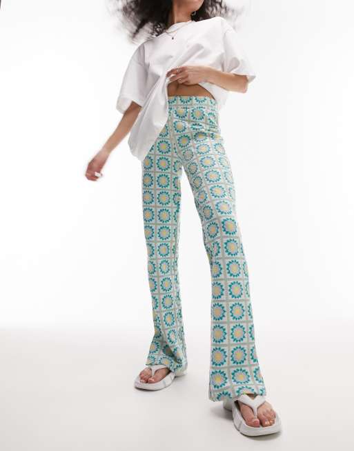 Topshop - Pantaloni dritti verde menta in jacquard floreale con spacchi laterali, 3 di 4