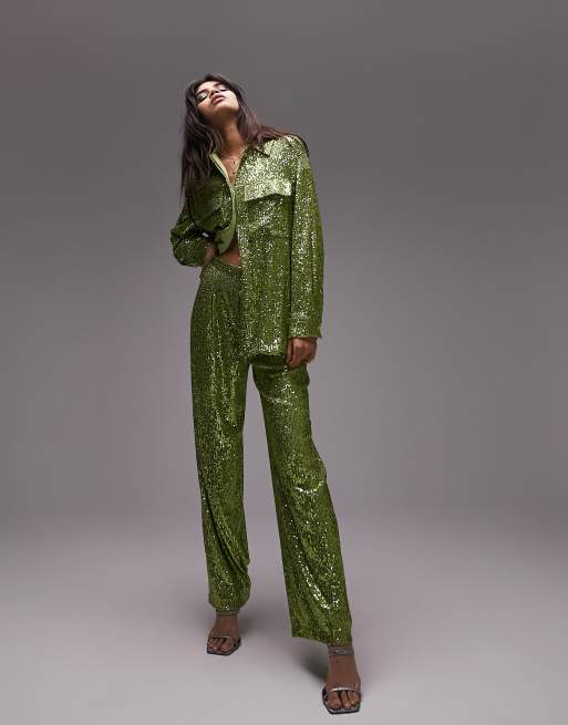 Topshop - Pantaloni extra larghi con mini paillettes color kiwi in coordinato 