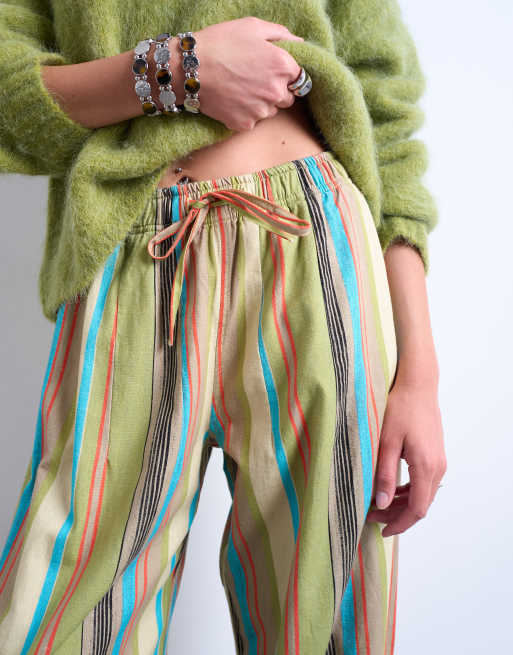 Topshop - Pantaloni in lino a palloncino a righe multicolore, 4 di 5