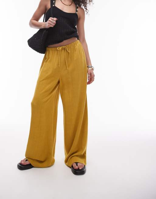 Topshop - Pantaloni in lino allacciati in vita color charteruse