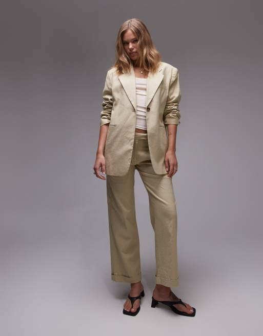 Topshop - Pantaloni in lino con fondo ampio color sabbia a vita bassa