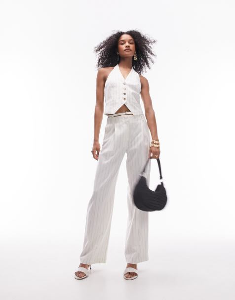 Topshop - Pantaloni in misto lino a righe color crema in coordinato - view 1