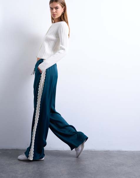 Topshop - Pantaloni in raso blu medio con inserto in pizzo - view 1
