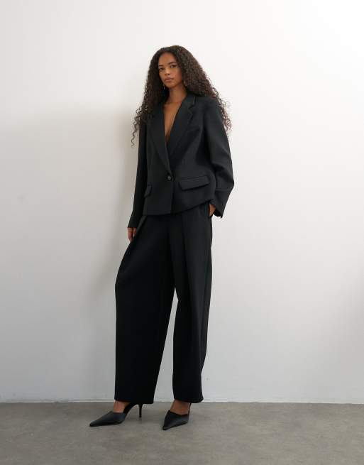 Topshop - Blazer e pantaloni con fondo ampio e pieghe sul davanti nero, 3 di 3