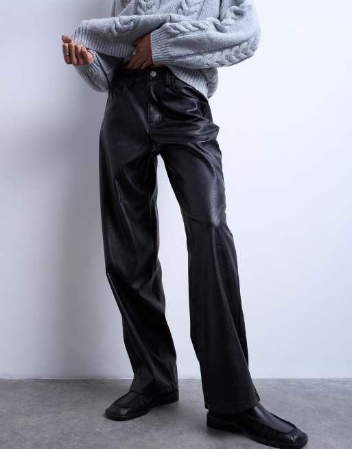 Topshop - Pantaloni neri in pelle sintetica con cinturino, 2 di 5
