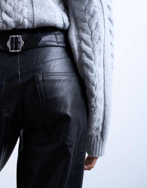 Topshop - Pantaloni neri in pelle sintetica con cinturino, 3 di 5