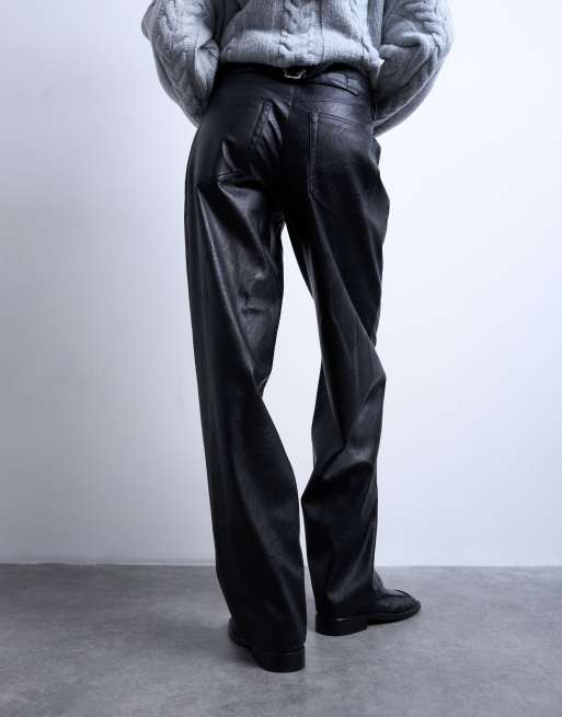 Topshop - Pantaloni neri in pelle sintetica con cinturino, 4 di 5
