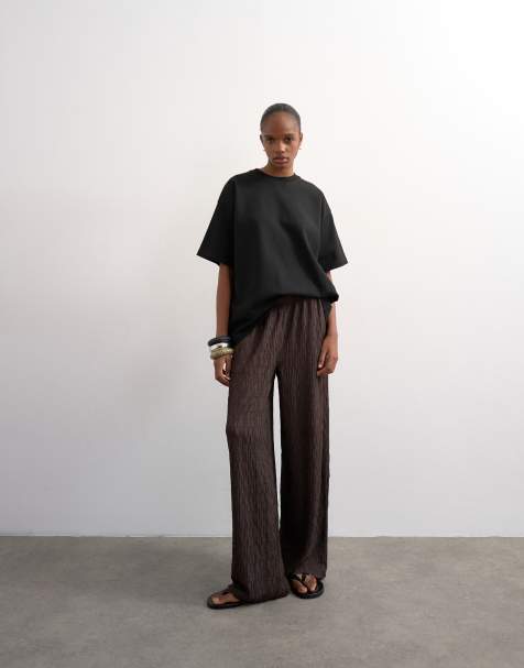 Topshop pantaloni palazzo in jersey plissé color cioccolato - view 1