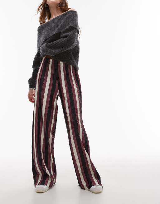 Topshop - Pantaloni plissé a fondo ampio color bordeaux a righe