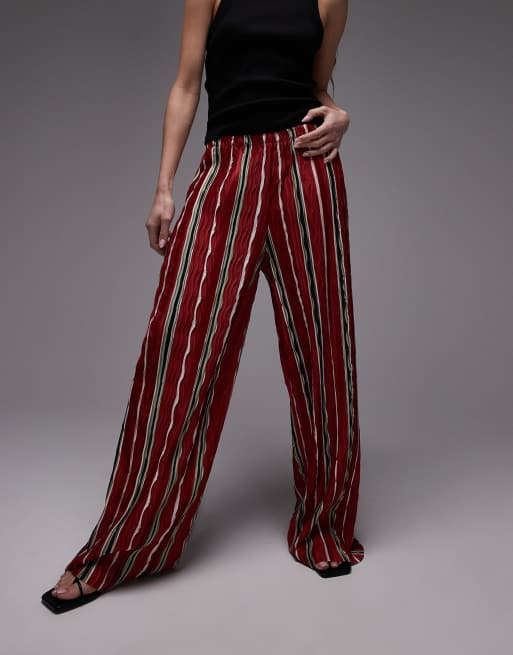 Topshop - Pantaloni plissé rossi a righe a fondo ampio, 2 di 5