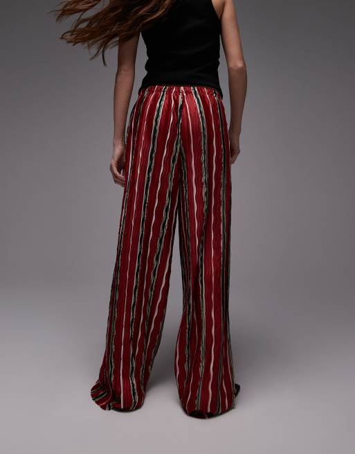 Topshop - Pantaloni plissé rossi a righe a fondo ampio, 3 di 5
