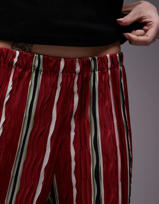 Topshop - Pantaloni plissé rossi a righe a fondo ampio, 4 di 5