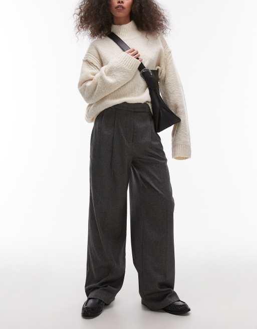 Topshop - Pantaloni sartoriali a fondo ampio con pieghe frontali color antracite