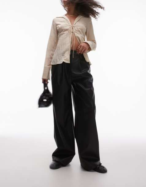 Topshop - Pantaloni sartoriali a fondo ampio in pelle sintetica neri - view 1