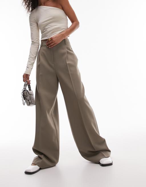 Topshop - Pantaloni sartoriali a vita alta color pietra scuro a fondo ampio in coordinato