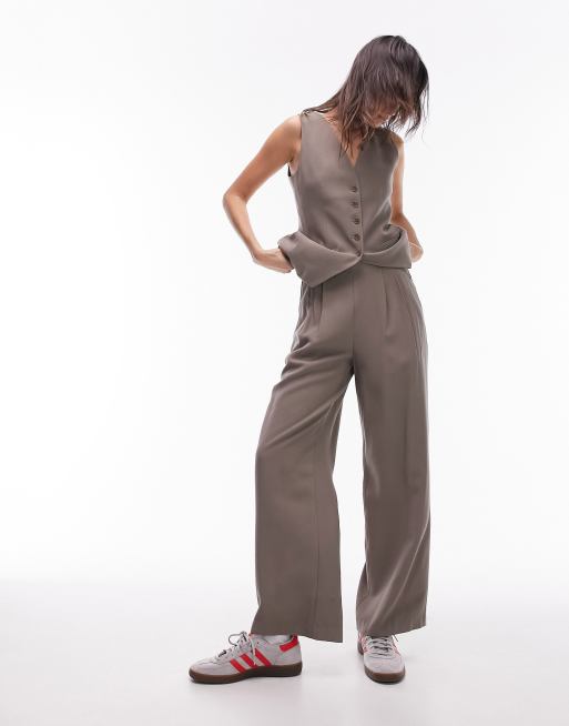 Topshop Pantaloni sartoriali a vita alta morbidi color visone con bottoni in coordinato
