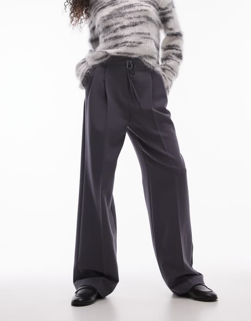 Topshop - Pantaloni sartoriali a vita medio alta a pieghe con gamba a palloncino color ardesia 