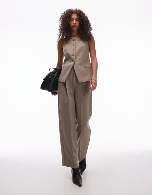 Topshop - Pantaloni sartoriali a vita medio alta a pieghe con gamba a palloncino color cammello