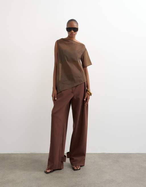 Topshop - Pantaloni sartoriali bombati marroni con dettaglio sulla gamba, 1 di 5