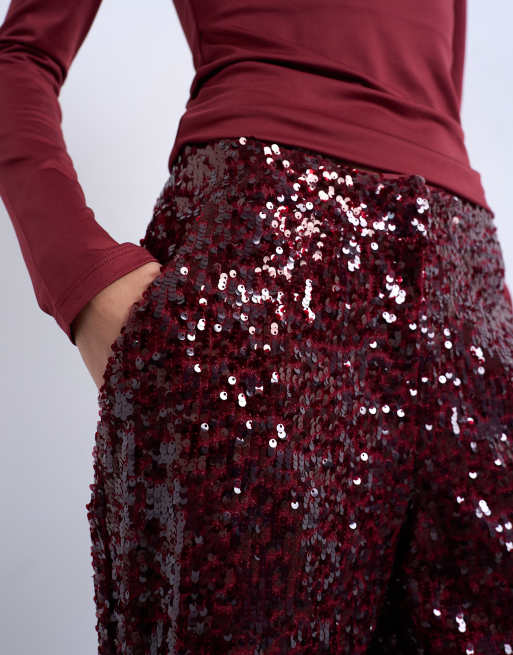 Topshop - Pantaloni sartoriali bordeaux con paillettes, 4 di 5