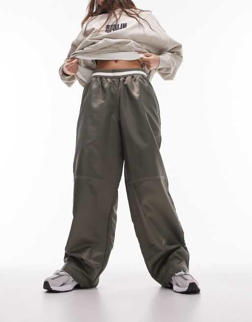 Topshop - Pantaloni stile basket con fascia in vita in jersey di nylon color kaki