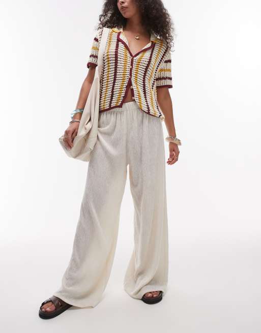 Topshop - Pantaloni testurizzati a fondo ampio color pietra 	