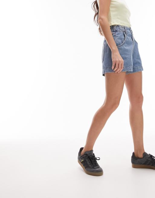 Topshop paperbag denim shorts in mid blue