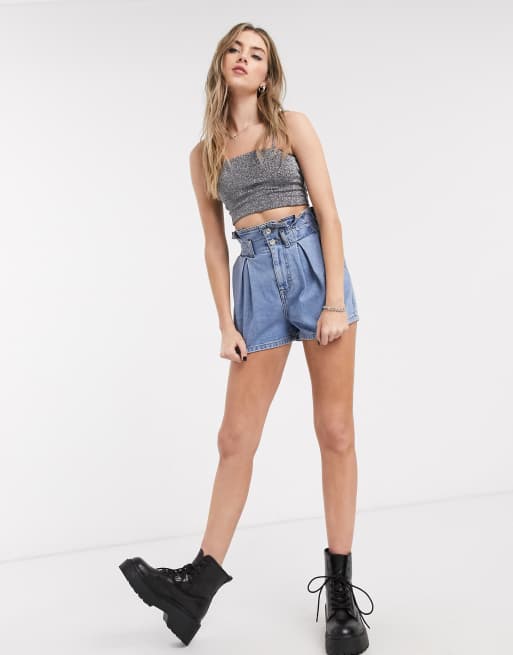 Topshop paperbag denim shorts in mid wash