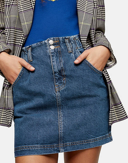 Topshop paperbag denim skirt in mid wash blue