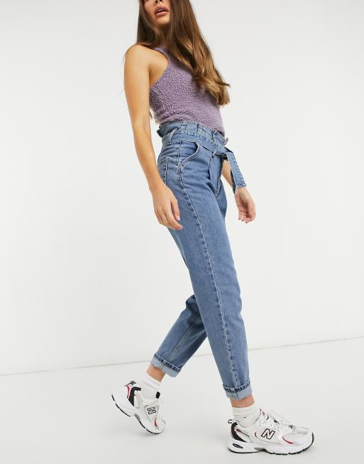 Topshop paperbag waist Mom jeans in mid blue