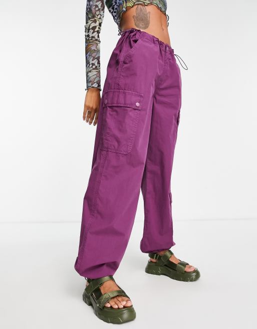 Topshop parachute mid rise balloon cargo pants with utility pockets in purple