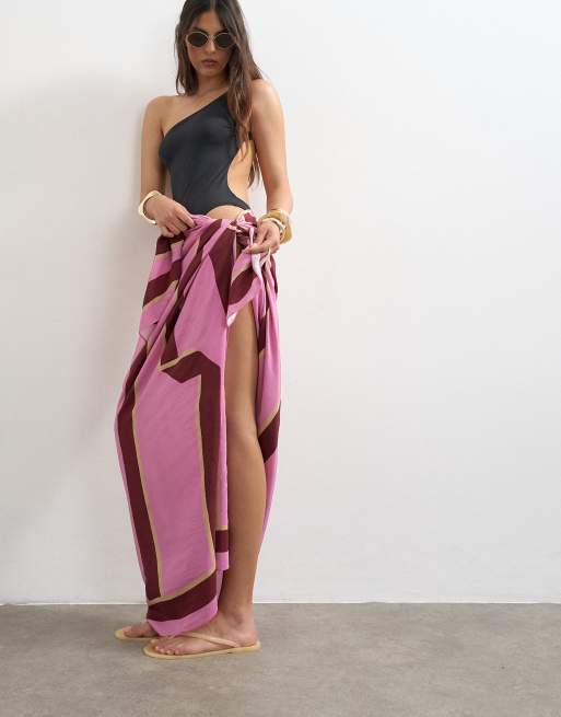 Topshop - Pareo rettangolare rosa e bordeaux a righe, 4 di 4