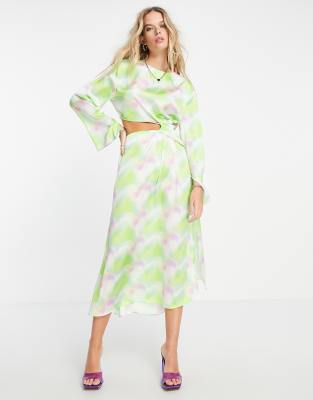 Topshop Pastel Watercolor Print Cutout Long Sleeve Satin Dress In Multi