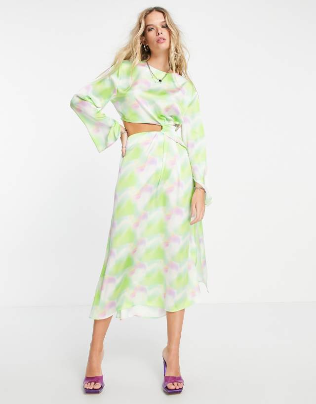 Topshop pastel watercolor cut-out midi occasion dress in multi