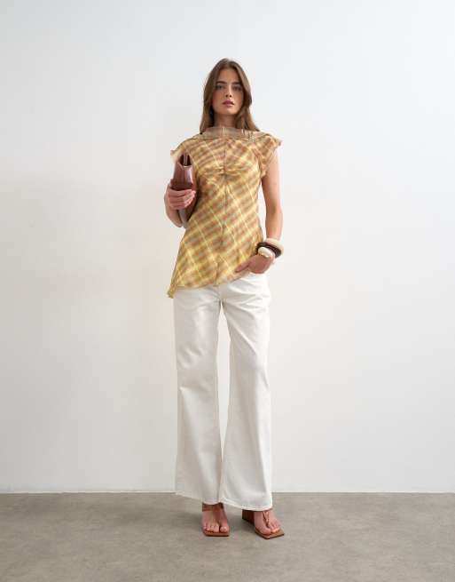 Topshop – Pastellfärgad, rutig, skir topp med draperad ringning, 2 av 4