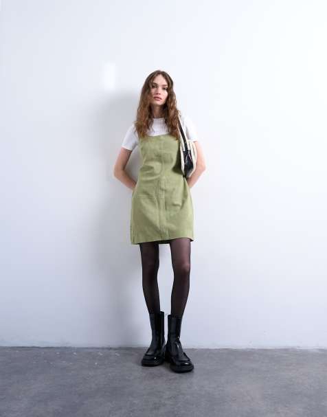 Topshop real suede seamed mini dress in pastel olive