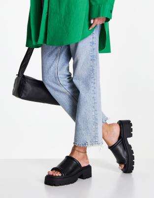 black chunky slip on sandals