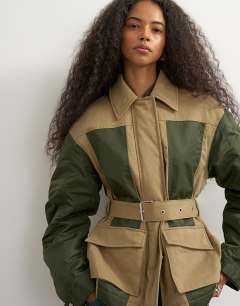 Model wearing Patch hybrid utility jacket in khaki