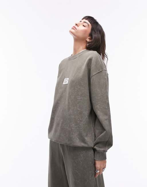 Topshop patch oversized vintage wash sweat in khaki (part of a set)