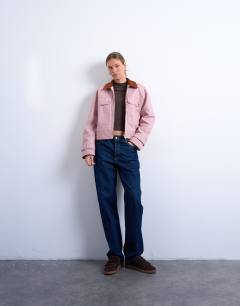 Model wearing Patch pocket barn jacket with contrast collar in pink