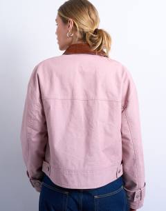 Model wearing Patch pocket barn jacket with contrast collar in pink